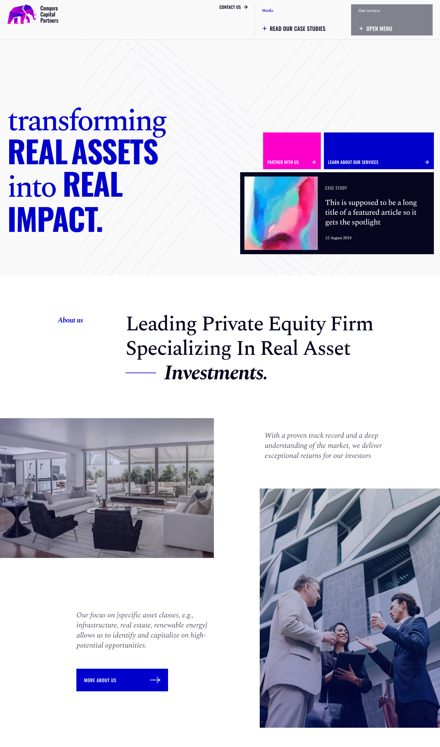 Website Development 5 Discover our private equity firm’s homepage, elegantly designed with a purple and white palette. Boldly stated, transforming real assets into real impact, it showcases our services and case studies. Experience the modern office vibe while exploring our design subscription offerings.