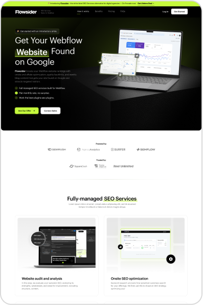 Website Development 7 A webpage from Flowsider showcasing SEO services for Webflow websites. It features graphics of a laptop with analytics, logos of SEO tools like SEMRUSH, and sections highlighting services such as website audits and onsite SEO optimization, all complemented by unlimited graphic design support.